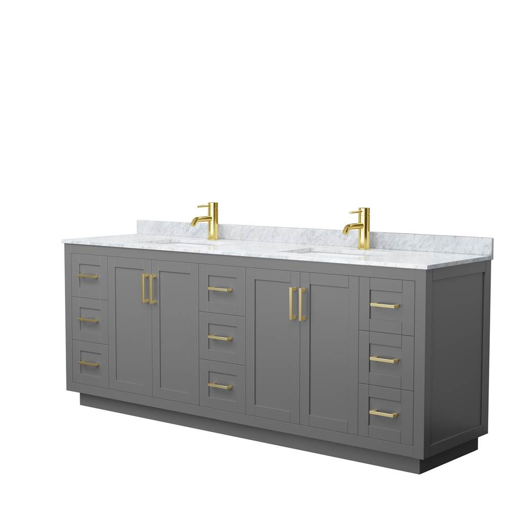 Wyndham Collection - Miranda 84 Inch Double Bathroom Vanity in Dark Gray, White Carrara Marble Countertop, Undermount Square Sinks, Brushed Gold Trim