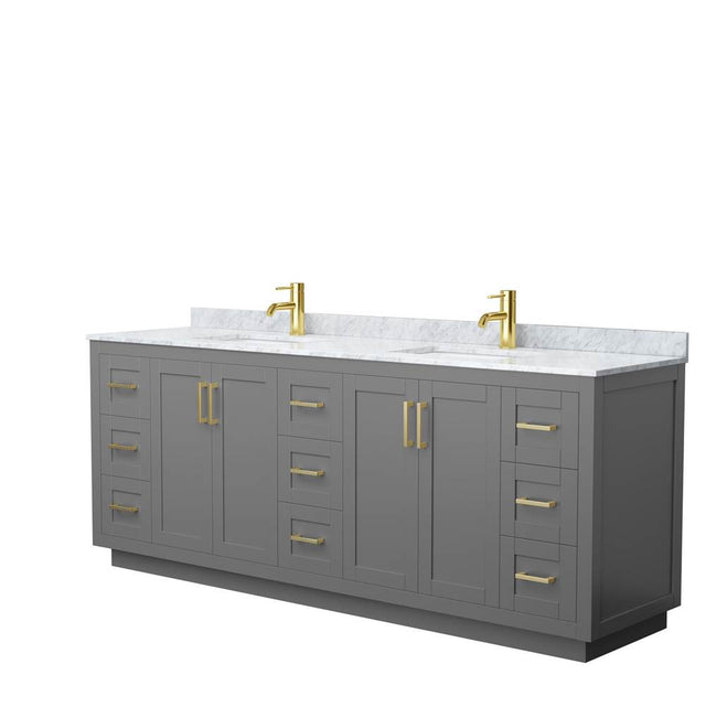 Wyndham Collection - Miranda 84 Inch Double Bathroom Vanity in Dark Gray, White Carrara Marble Countertop, Undermount Square Sinks, Brushed Gold Trim