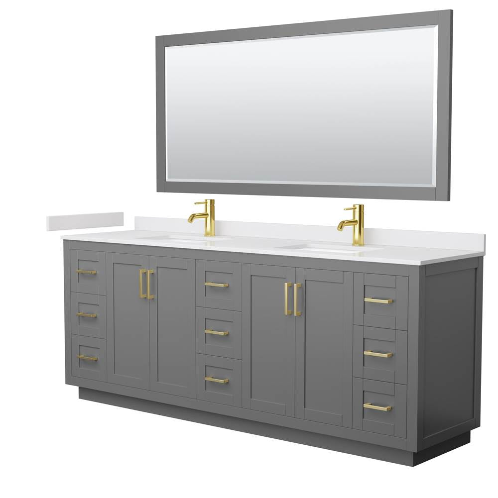 Wyndham Collection - Miranda 84 Inch Double Bathroom Vanity in Dark Gray, White Cultured Marble Countertop, Undermount Square Sinks, Brushed Gold Trim, 70 Inch Mirror