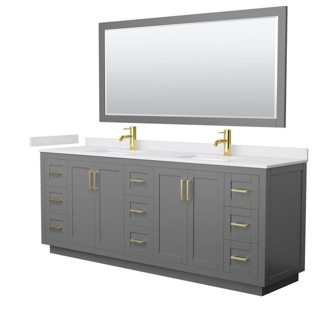 Wyndham Collection - Miranda 84 Inch Double Bathroom Vanity in Dark Gray, White Cultured Marble Countertop, Undermount Square Sinks, Brushed Gold Trim, 70 Inch Mirror