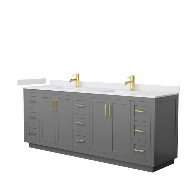 Wyndham Collection - Miranda 84 Inch Double Bathroom Vanity in Dark Gray, White Cultured Marble Countertop, Undermount Square Sinks, Brushed Gold Trim