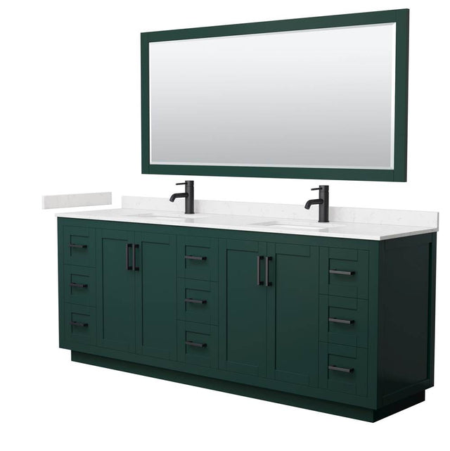 Wyndham Collection - Miranda 84 Inch Double Bathroom Vanity in Green, Carrara Cultured Marble Countertop, Undermount Square Sinks, Matte Black Trim, 70 Inch Mirror
