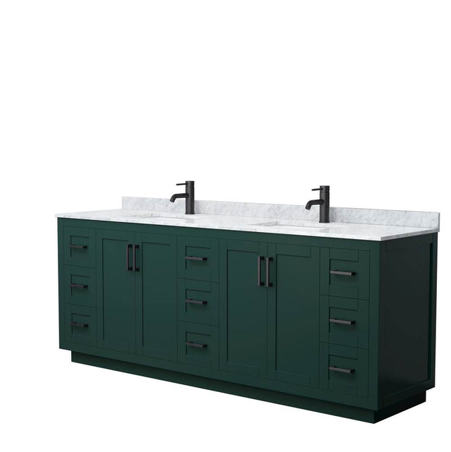 Wyndham Collection - Miranda 84 Inch Double Bathroom Vanity in Green, White Carrara Marble Countertop, Undermount Square Sinks, Matte Black Trim