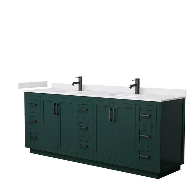 Wyndham Collection - Miranda 84 Inch Double Bathroom Vanity in Green, White Cultured Marble Countertop, Undermount Square Sinks, Matte Black Trim