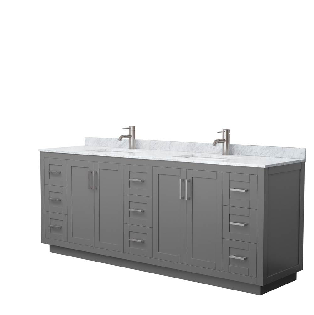 Wyndham Collection - Miranda 84 Inch Double Bathroom Vanity in Dark Gray, White Carrara Marble Countertop, Undermount Square Sinks, Brushed Nickel Trim