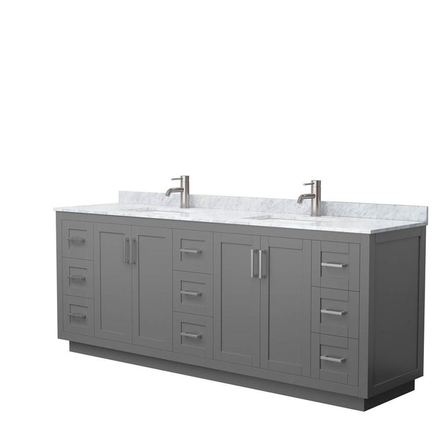 Wyndham Collection - Miranda 84 Inch Double Bathroom Vanity in Dark Gray, White Carrara Marble Countertop, Undermount Square Sinks, Brushed Nickel Trim