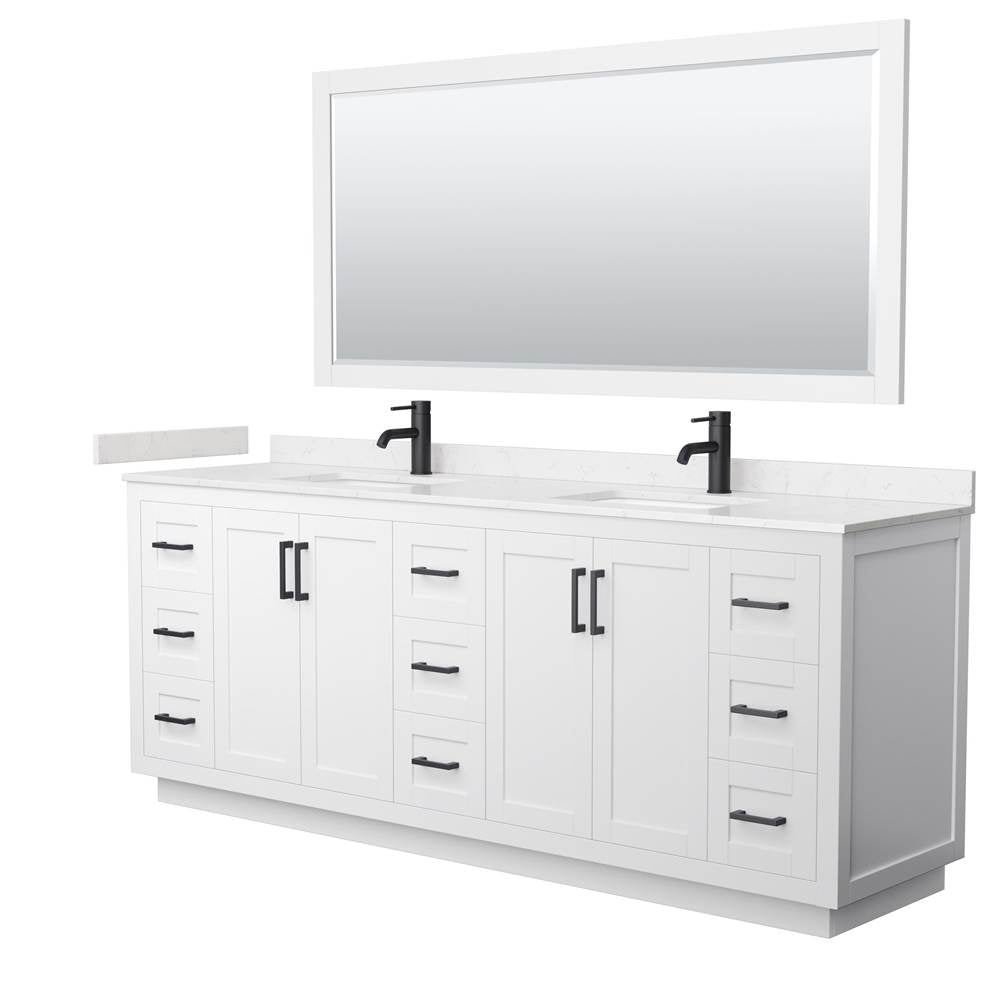 Wyndham Collection - Miranda 84 Inch Double Bathroom Vanity in White, Carrara Cultured Marble Countertop, Undermount Square Sinks, Matte Black Trim, 70 Inch Mirror