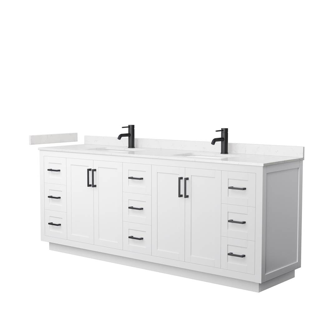 Wyndham Collection - Miranda 84 Inch Double Bathroom Vanity in White, Carrara Cultured Marble Countertop, Undermount Square Sinks, Matte Black Trim