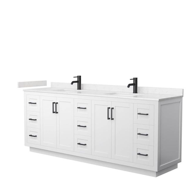 Wyndham Collection - Miranda 84 Inch Double Bathroom Vanity in White, Carrara Cultured Marble Countertop, Undermount Square Sinks, Matte Black Trim