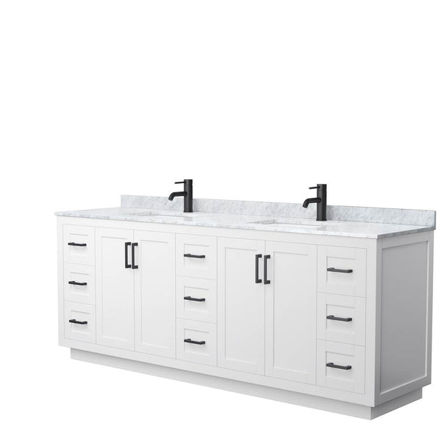 Wyndham Collection - Miranda 84 Inch Double Bathroom Vanity in White, White Carrara Marble Countertop, Undermount Square Sinks, Matte Black Trim