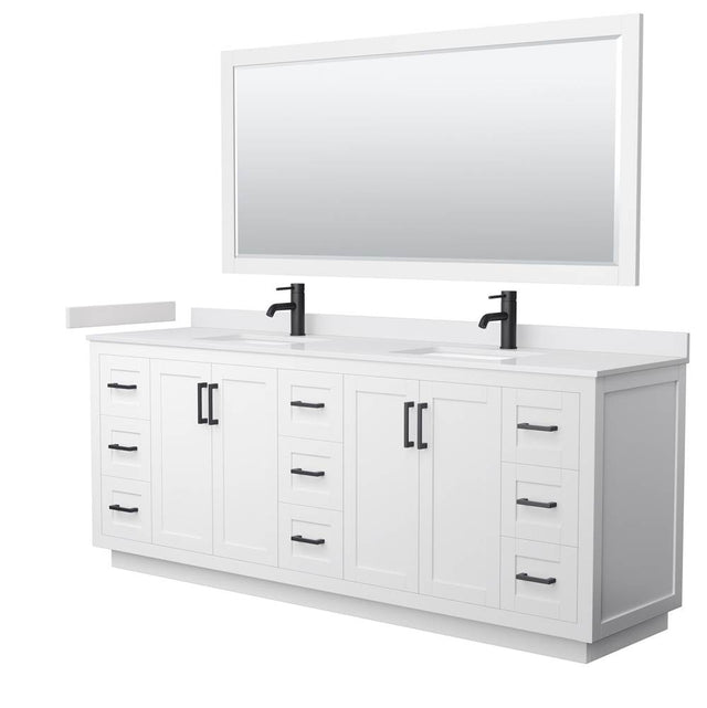 Wyndham Collection - Miranda 84 Inch Double Bathroom Vanity in White, White Cultured Marble Countertop, Undermount Square Sinks, Matte Black Trim, 70 Inch Mirror