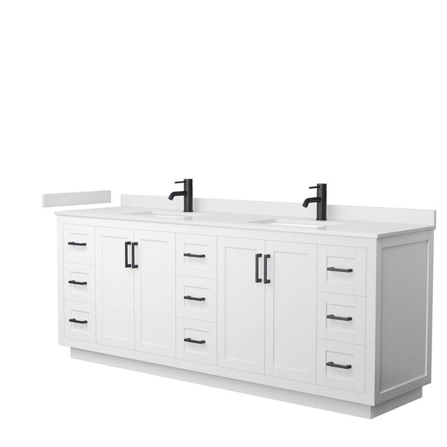 Wyndham Collection - Miranda 84 Inch Double Bathroom Vanity in White, White Cultured Marble Countertop, Undermount Square Sinks, Matte Black Trim