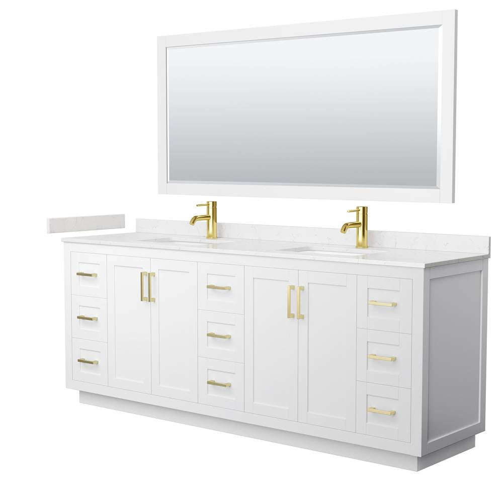Wyndham Collection - Miranda 84 Inch Double Bathroom Vanity in White, Carrara Cultured Marble Countertop, Undermount Square Sinks, Brushed Gold Trim, 70 Inch Mirror