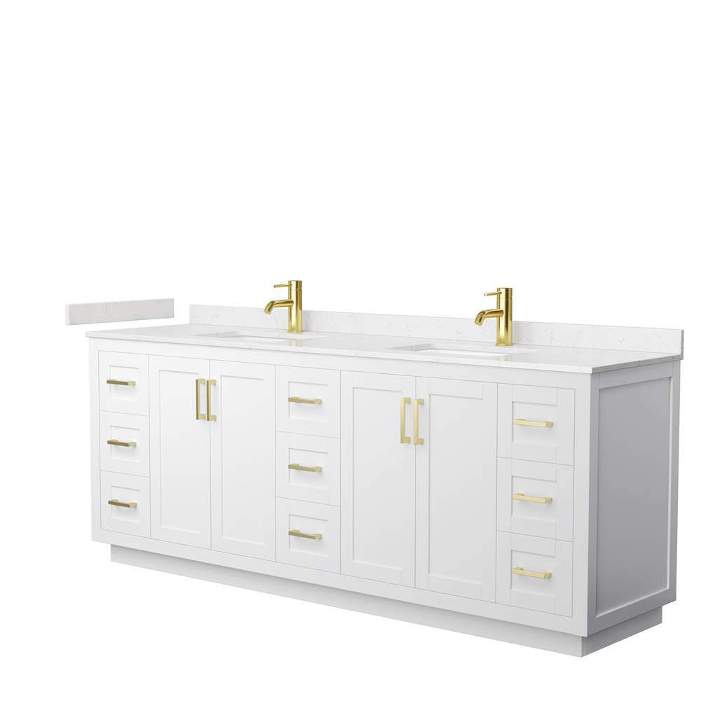 Wyndham Collection - Miranda 84 Inch Double Bathroom Vanity in White, Carrara Cultured Marble Countertop, Undermount Square Sinks, Brushed Gold Trim