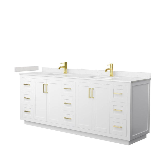 Wyndham Collection - Miranda 84 Inch Double Bathroom Vanity in White, Carrara Cultured Marble Countertop, Undermount Square Sinks, Brushed Gold Trim
