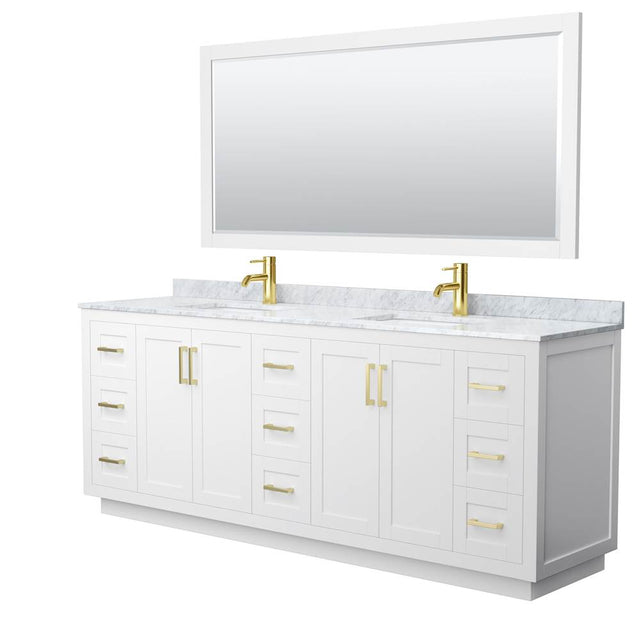Wyndham Collection - Miranda 84 Inch Double Bathroom Vanity in White, White Carrara Marble Countertop, Undermount Square Sinks, Brushed Gold Trim, 70 Inch Mirror