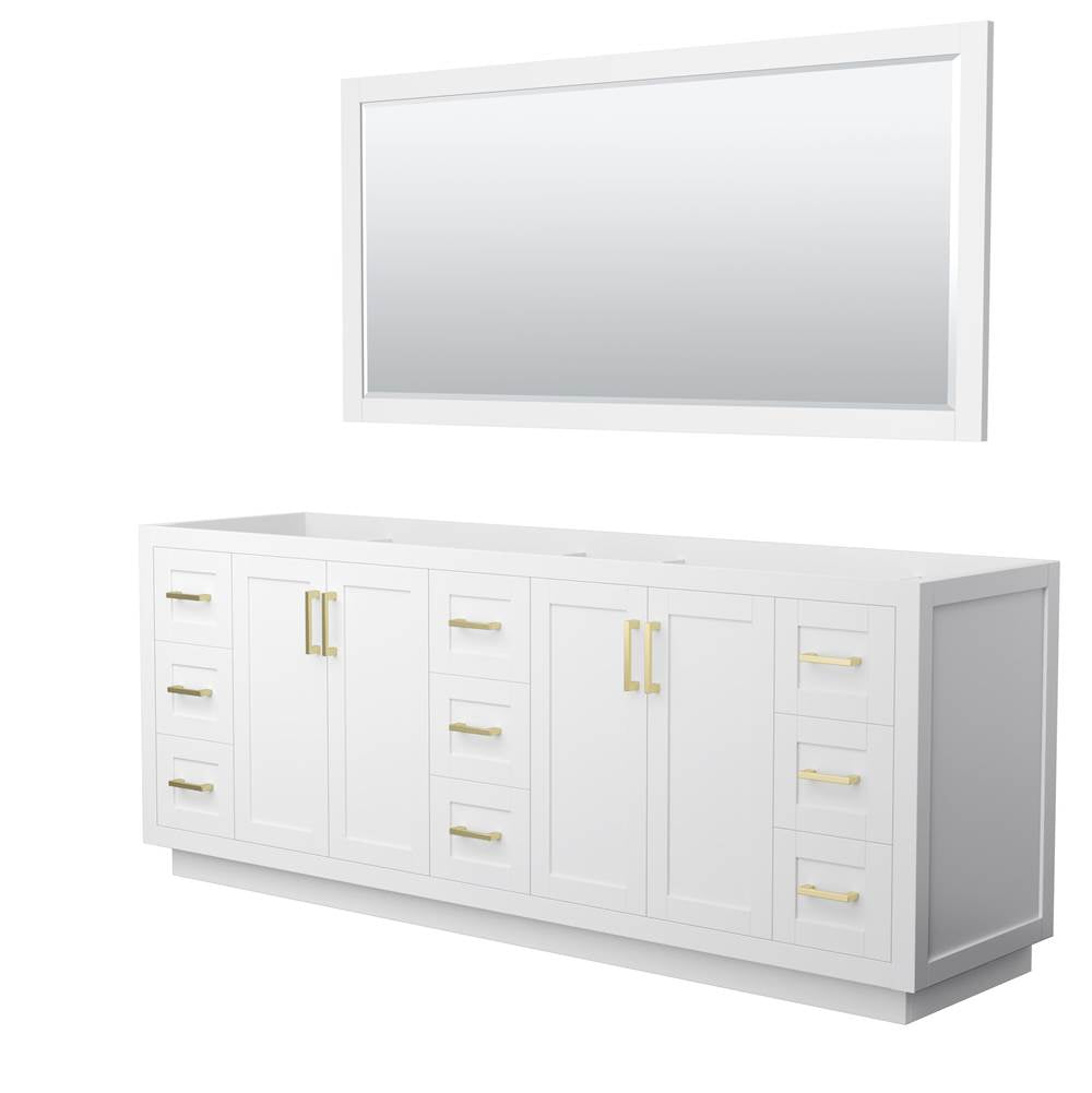 Wyndham Collection - Miranda 84 Inch Double Bathroom Vanity in White, No Countertop, No Sink, Brushed Gold Trim, 70 Inch Mirror