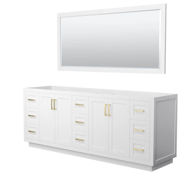 Wyndham Collection - Miranda 84 Inch Double Bathroom Vanity in White, No Countertop, No Sink, Brushed Gold Trim, 70 Inch Mirror