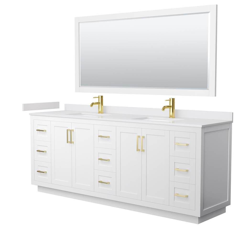 Wyndham Collection - Miranda 84 Inch Double Bathroom Vanity in White, White Cultured Marble Countertop, Undermount Square Sinks, Brushed Gold Trim, 70 Inch Mirror