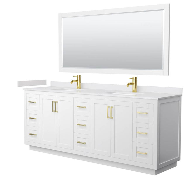 Wyndham Collection - Miranda 84 Inch Double Bathroom Vanity in White, White Cultured Marble Countertop, Undermount Square Sinks, Brushed Gold Trim, 70 Inch Mirror