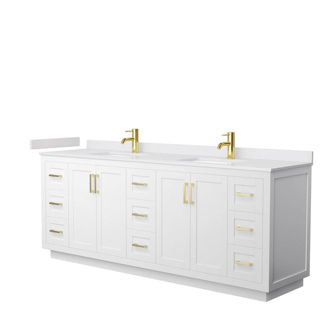 Wyndham Collection - Miranda 84 Inch Double Bathroom Vanity in White, White Cultured Marble Countertop, Undermount Square Sinks, Brushed Gold Trim