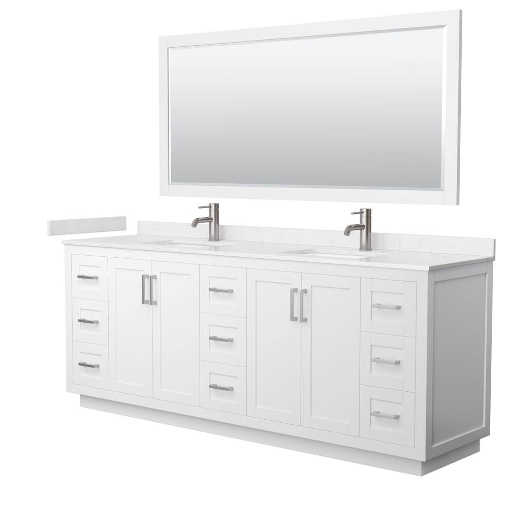 Wyndham Collection - Miranda 84 Inch Double Bathroom Vanity in White, Carrara Cultured Marble Countertop, Undermount Square Sinks, Brushed Nickel Trim, 70 Inch Mirror
