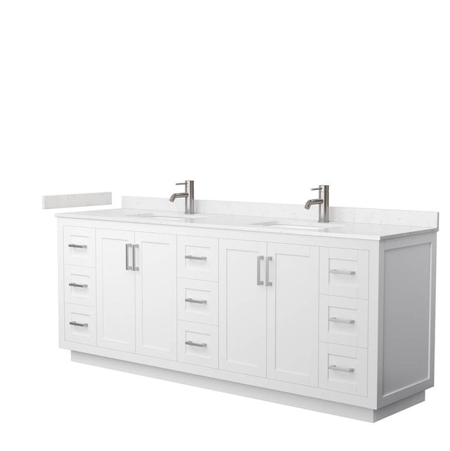 Wyndham Collection - Miranda 84 Inch Double Bathroom Vanity in White, Carrara Cultured Marble Countertop, Undermount Square Sinks, Brushed Nickel Trim