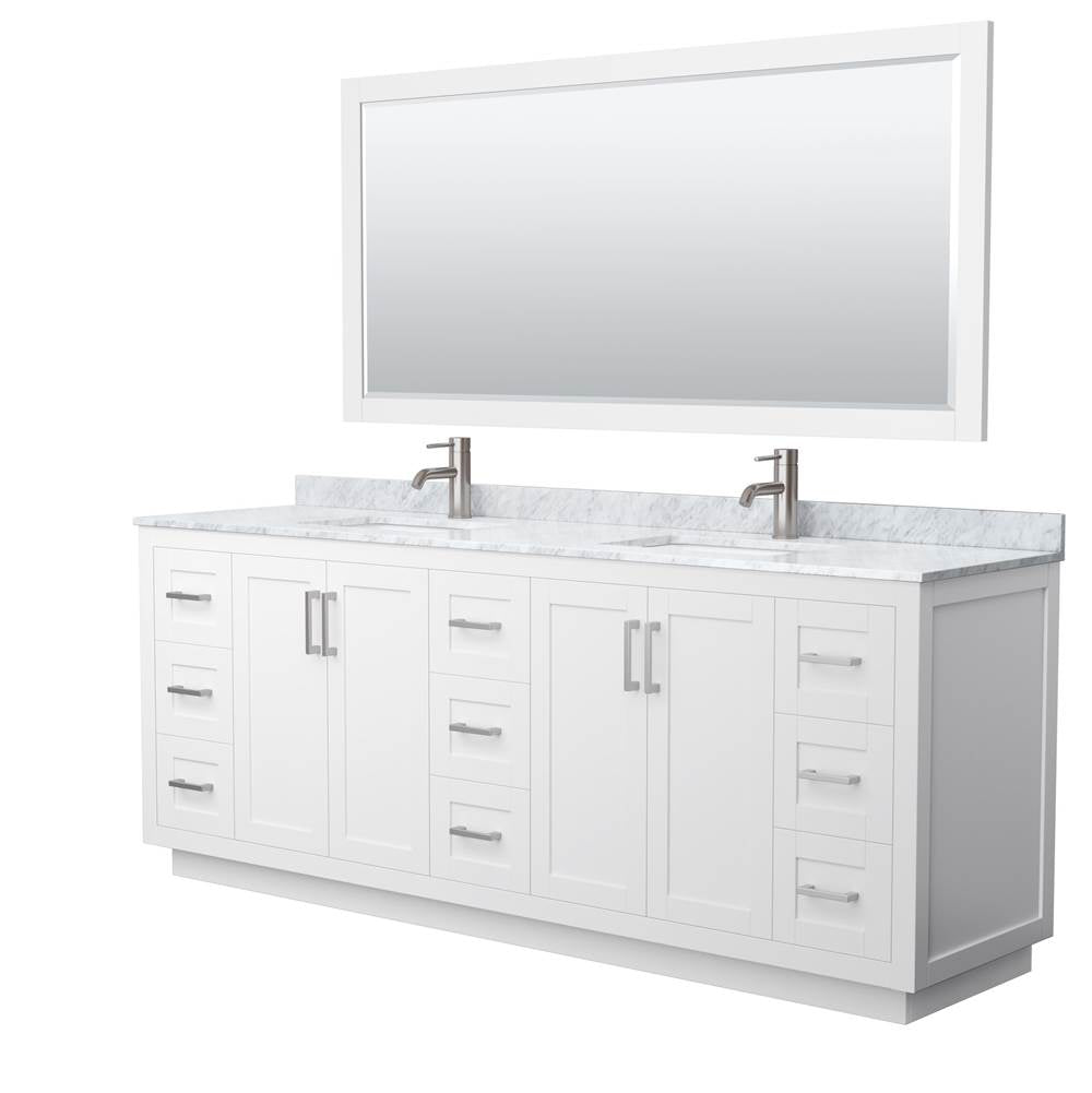 Wyndham Collection - Miranda 84 Inch Double Bathroom Vanity in White, White Carrara Marble Countertop, Undermount Square Sinks, Brushed Nickel Trim, 70 Inch Mirror