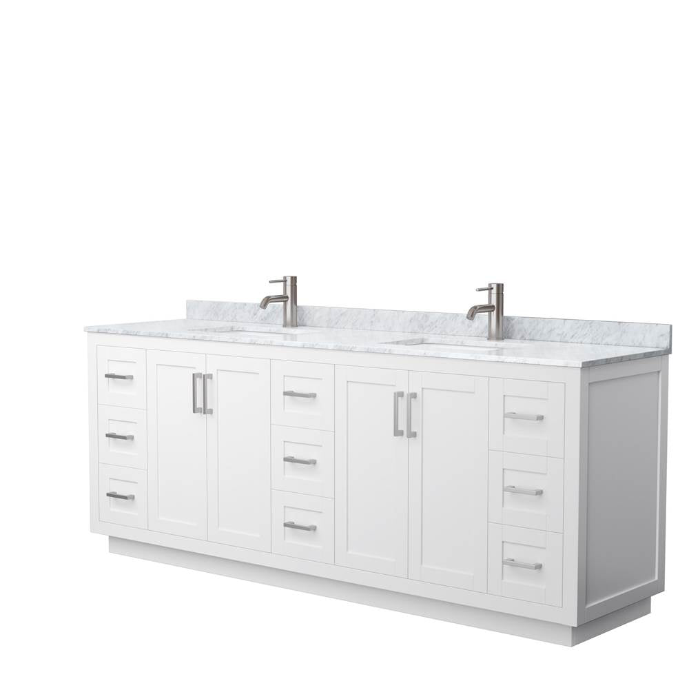 Wyndham Collection - Miranda 84 Inch Double Bathroom Vanity in White, White Carrara Marble Countertop, Undermount Square Sinks, Brushed Nickel Trim