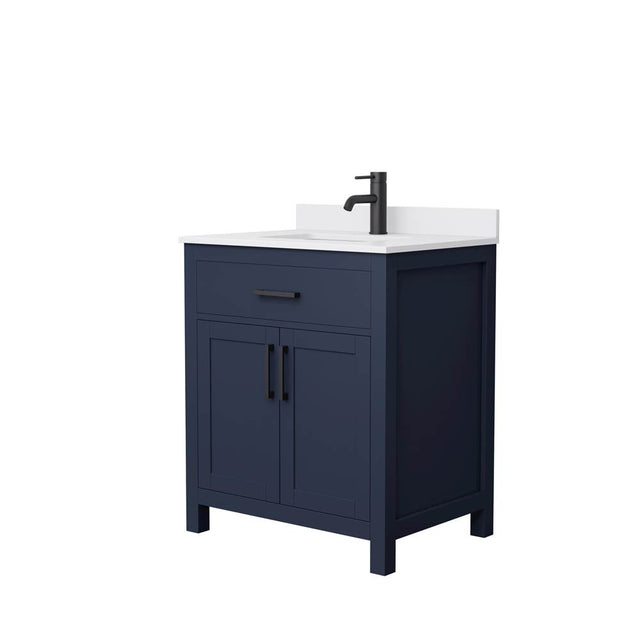 Wyndham Collection - Beckett 30 Inch Single Bathroom Vanity in Dark Blue, White Cultured Marble Countertop, Undermount Square Sink, Matte Black Trim