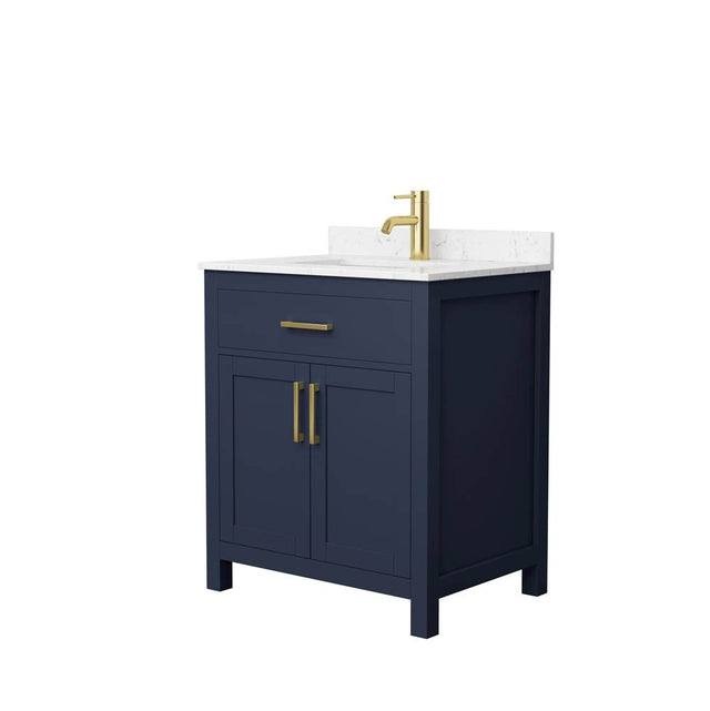 Wyndham Collection - Beckett 30 Inch Single Bathroom Vanity in Dark Blue, Carrara Cultured Marble Countertop, Undermount Square Sink, Brushed Gold Trim