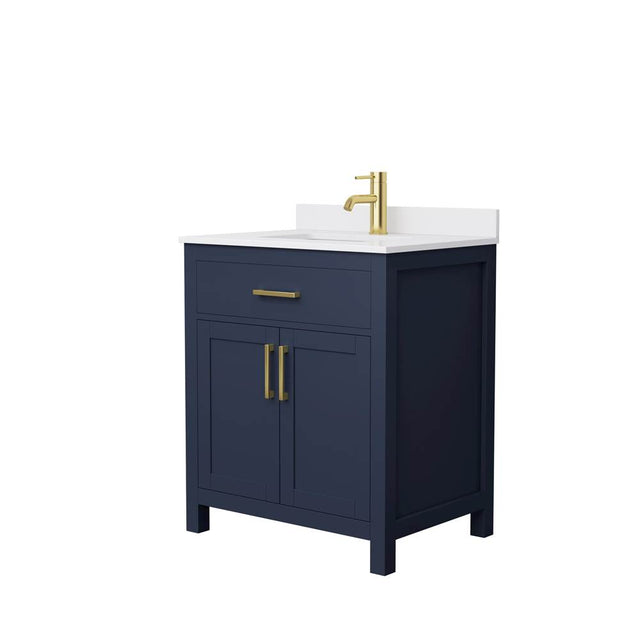 Wyndham Collection - Beckett 30 Inch Single Bathroom Vanity in Dark Blue, White Cultured Marble Countertop, Undermount Square Sink, Brushed Gold Trim
