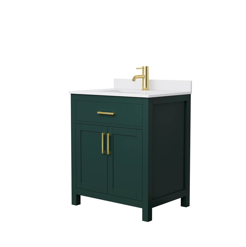 Wyndham Collection - Beckett 30 Inch Single Bathroom Vanity in Green, White Cultured Marble Countertop, Undermount Square Sink, Brushed Gold Trim