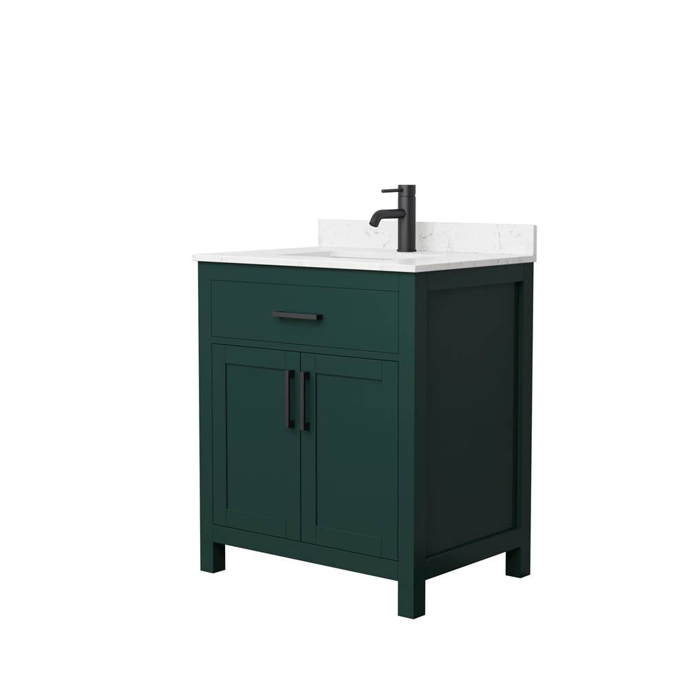 Wyndham Collection - Beckett 30 Inch Single Bathroom Vanity in Green, Carrara Cultured Marble Countertop, Undermount Square Sink, Matte Black Trim