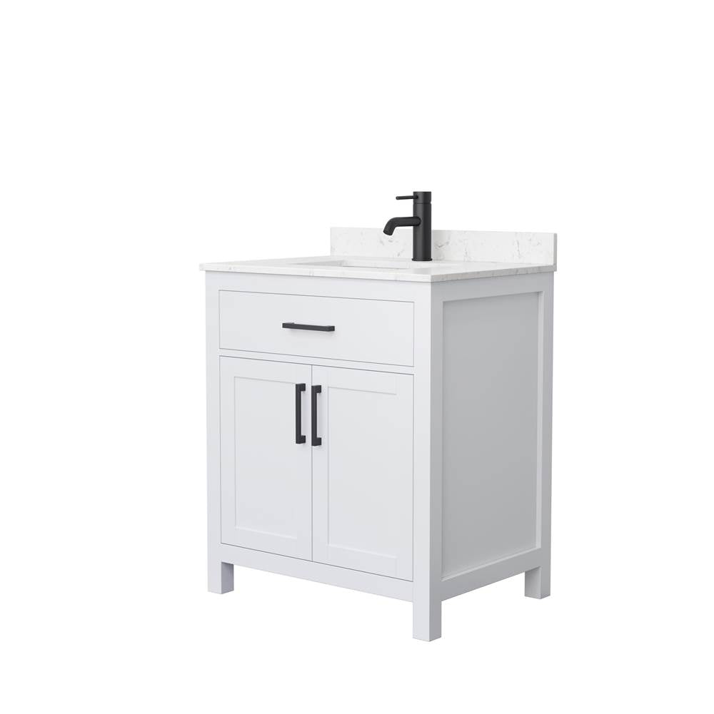 Wyndham Collection - Beckett 30 Inch Single Bathroom Vanity in White, Carrara Cultured Marble Countertop, Undermount Square Sink, Matte Black Trim