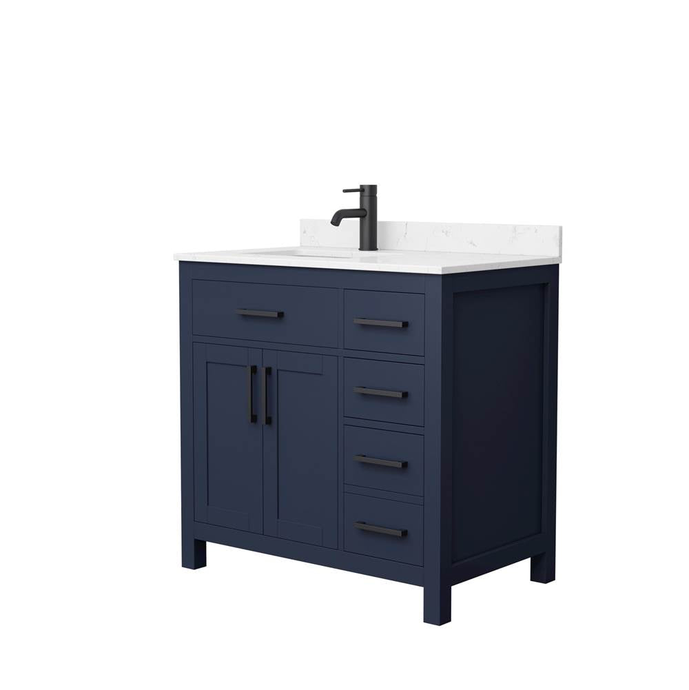 Wyndham Collection - Beckett 36 Inch Single Bathroom Vanity in Dark Blue, Carrara Cultured Marble Countertop, Undermount Square Sink, Matte Black Trim