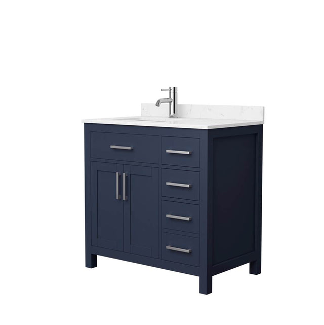 Wyndham Collection - Beckett 36 Inch Single Bathroom Vanity in Dark Blue, Carrara Cultured Marble Countertop, Undermount Square Sink, Brushed Nickel Trim