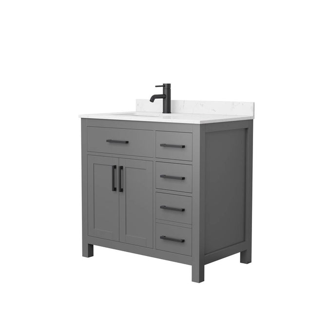 Wyndham Collection - Beckett 36 Inch Single Bathroom Vanity in Dark Gray, Carrara Cultured Marble Countertop, Undermount Square Sink, Matte Black Trim