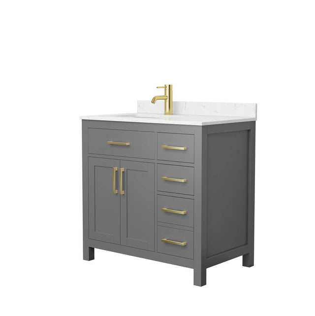 Wyndham Collection - Beckett 36 Inch Single Bathroom Vanity in Dark Gray, Carrara Cultured Marble Countertop, Undermount Square Sink, Brushed Gold Trim