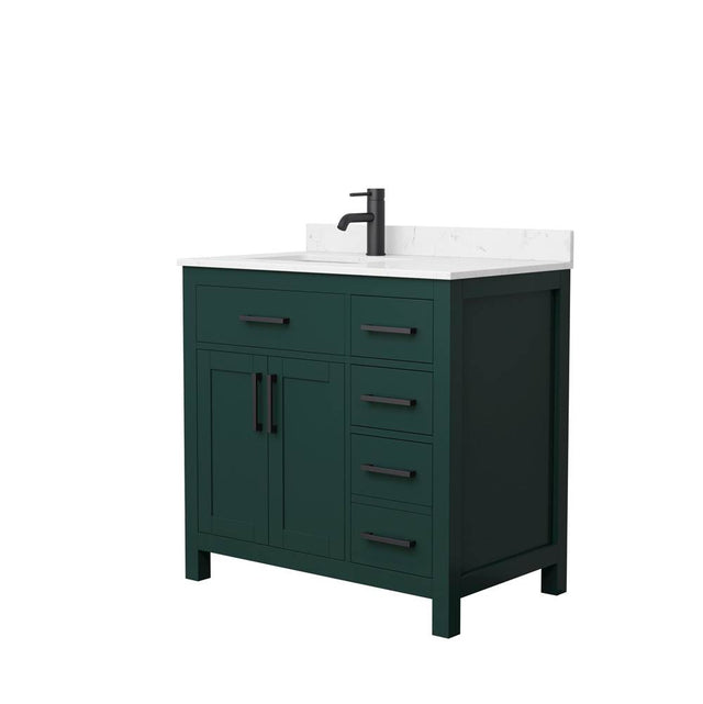 Wyndham Collection - Beckett 36 Inch Single Bathroom Vanity in Green, Carrara Cultured Marble Countertop, Undermount Square Sink, Matte Black Trim