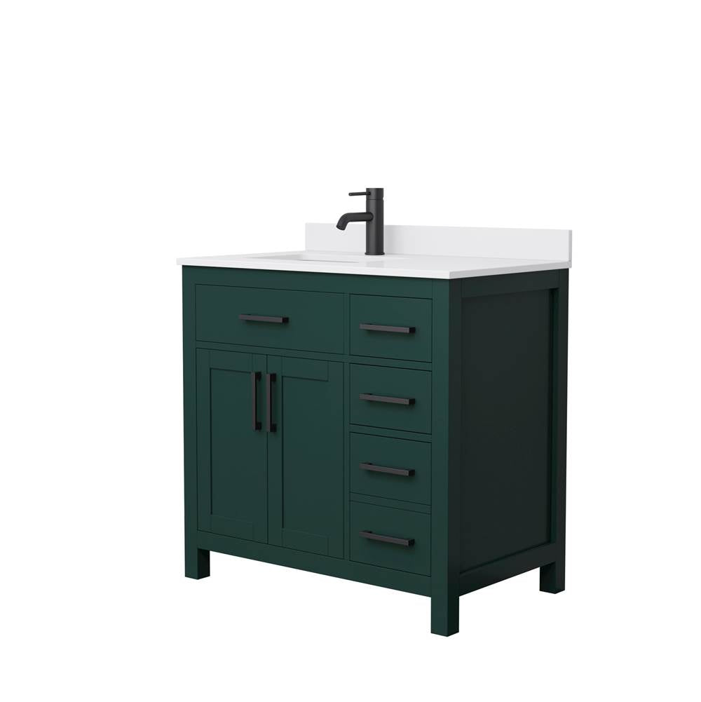 Wyndham Collection - Beckett 36 Inch Single Bathroom Vanity in Green, White Cultured Marble Countertop, Undermount Square Sink, Matte Black Trim