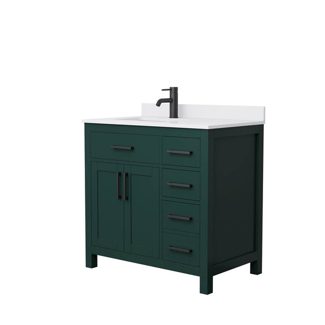 Wyndham Collection - Beckett 36 Inch Single Bathroom Vanity in Green, White Cultured Marble Countertop, Undermount Square Sink, Matte Black Trim