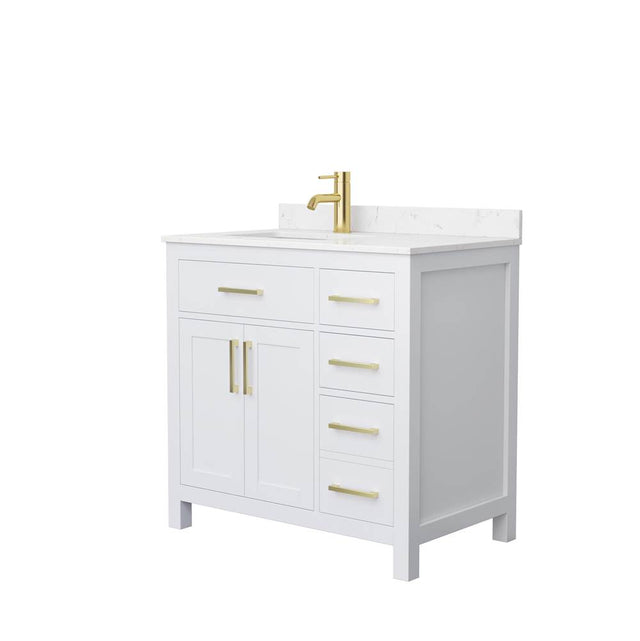 Wyndham Collection - Beckett 36 Inch Single Bathroom Vanity in White, Carrara Cultured Marble Countertop, Undermount Square Sink, Brushed Gold Trim