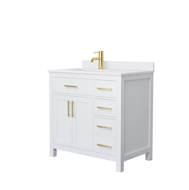 Wyndham Collection - Beckett 36 Inch Single Bathroom Vanity in White, White Cultured Marble Countertop, Undermount Square Sink, Brushed Gold Trim