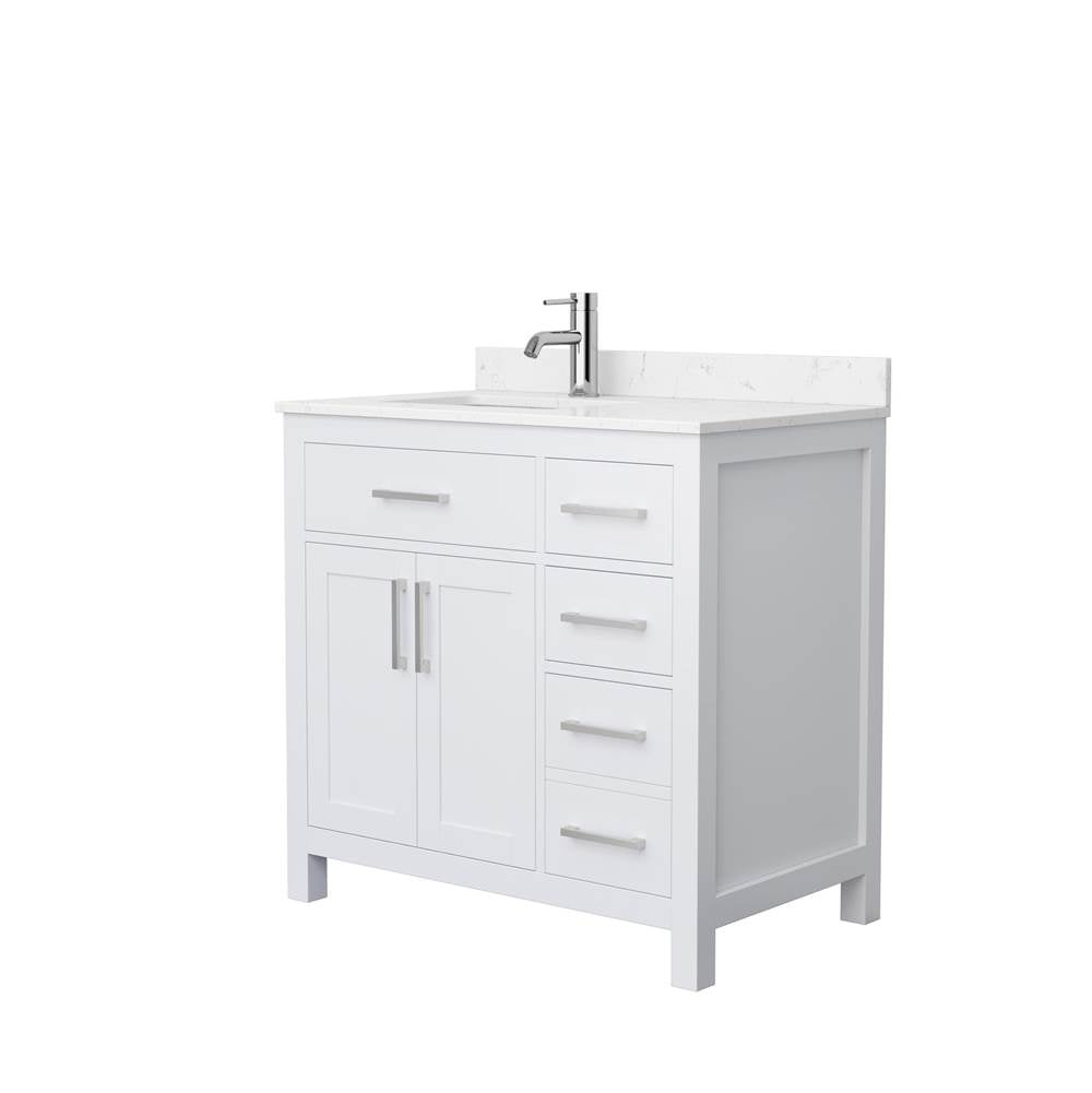 Wyndham Collection - Beckett 36 Inch Single Bathroom Vanity in White, Carrara Cultured Marble Countertop, Undermount Square Sink, Brushed Nickel Trim