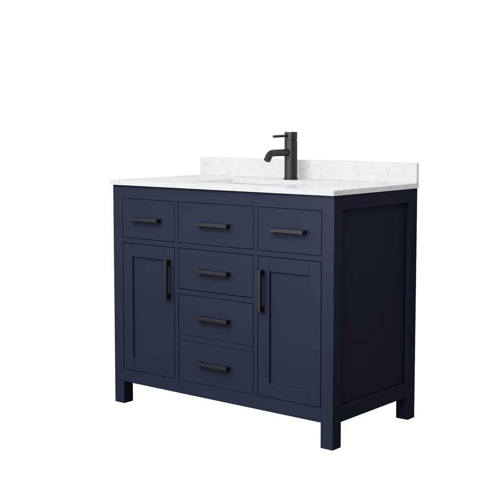 Wyndham Collection - Beckett 42 Inch Single Bathroom Vanity in Dark Blue, Carrara Cultured Marble Countertop, Undermount Square Sink, Matte Black Trim