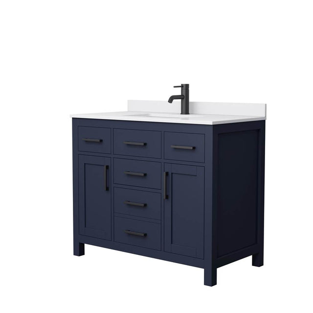 Wyndham Collection - Beckett 42 Inch Single Bathroom Vanity in Dark Blue, White Cultured Marble Countertop, Undermount Square Sink, Matte Black Trim