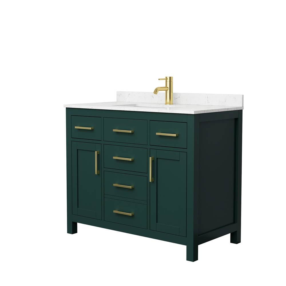 Wyndham Collection - Beckett 42 Inch Single Bathroom Vanity in Green, Carrara Cultured Marble Countertop, Undermount Square Sink, Brushed Gold Trim