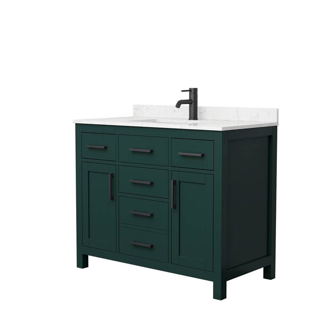 Wyndham Collection - Beckett 42 Inch Single Bathroom Vanity in Green, Carrara Cultured Marble Countertop, Undermount Square Sink, Matte Black Trim