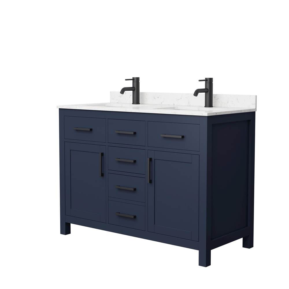 Wyndham Collection - Beckett 48 Inch Double Bathroom Vanity in Dark Blue, Carrara Cultured Marble Countertop, Undermount Square Sinks, Matte Black Trim